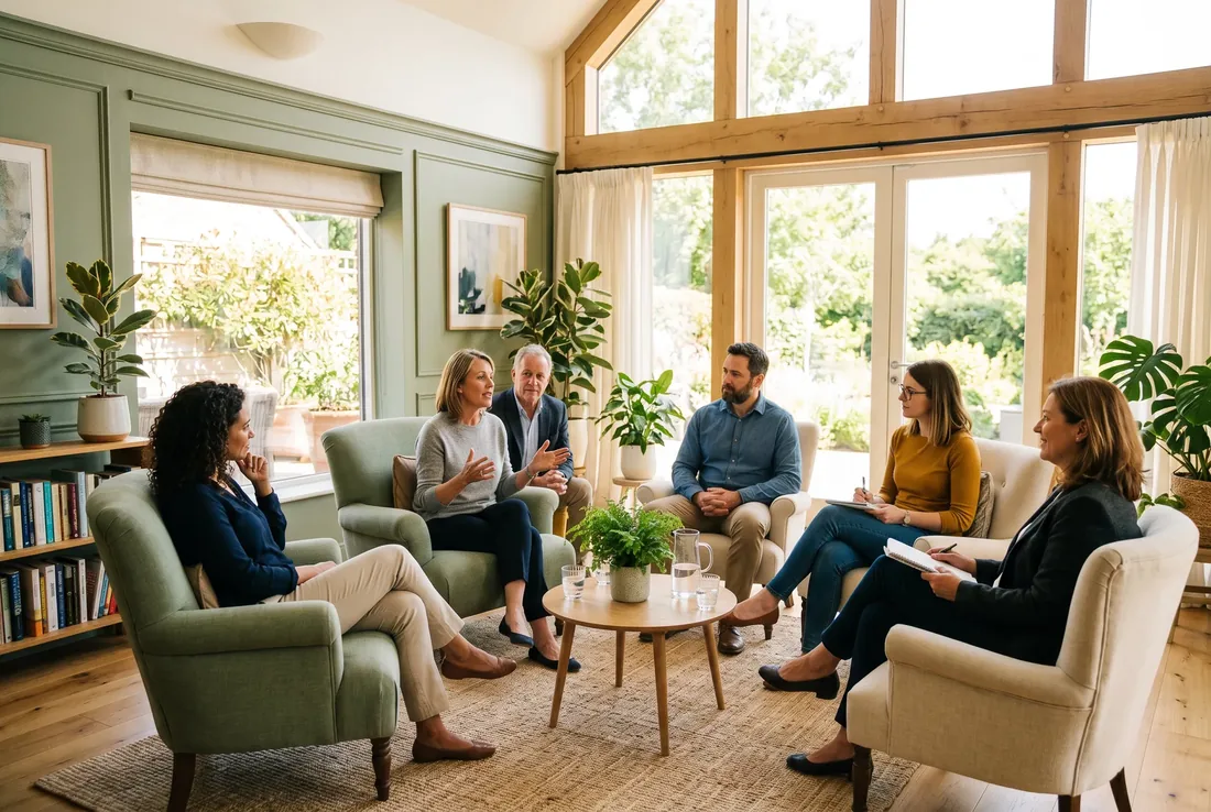 A bright, plant-filled sunroom group therapy session at Saltwood Mental Health
