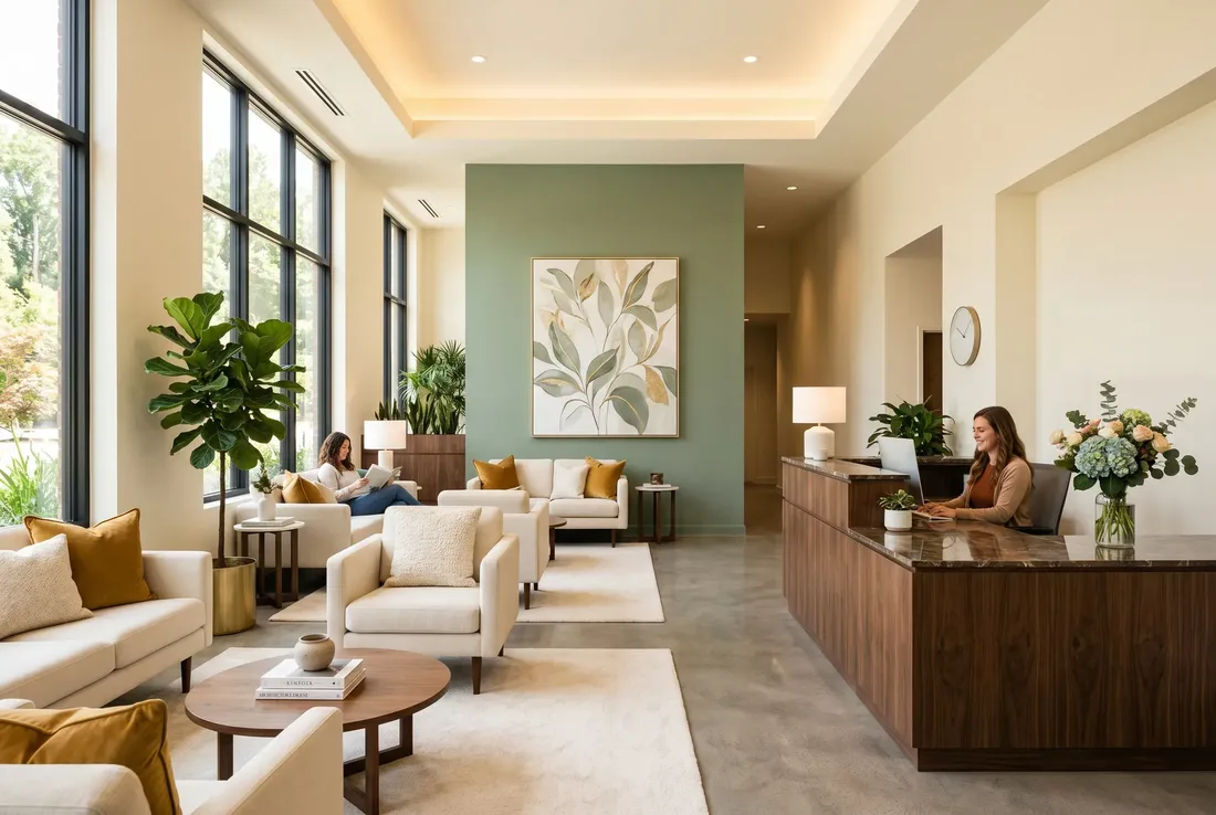 The warm, plant-filled reception lounge at Saltwood Mental Health in Dallas